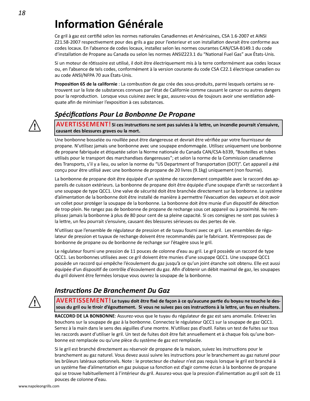 Napoleon Grills PRO 450 manual Information Générale, Spécifications Pour La Bonbonne De Propane 