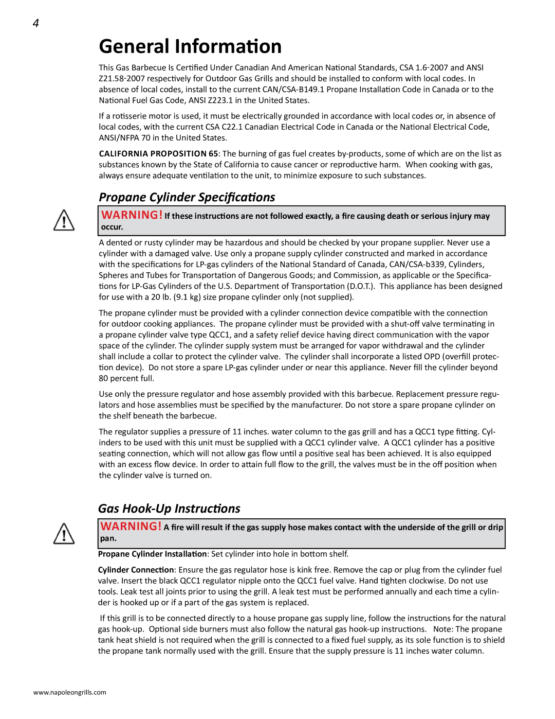 Napoleon Grills PRO 450 manual General Information, Propane Cylinder Specifications, Gas Hook-Up Instructions 