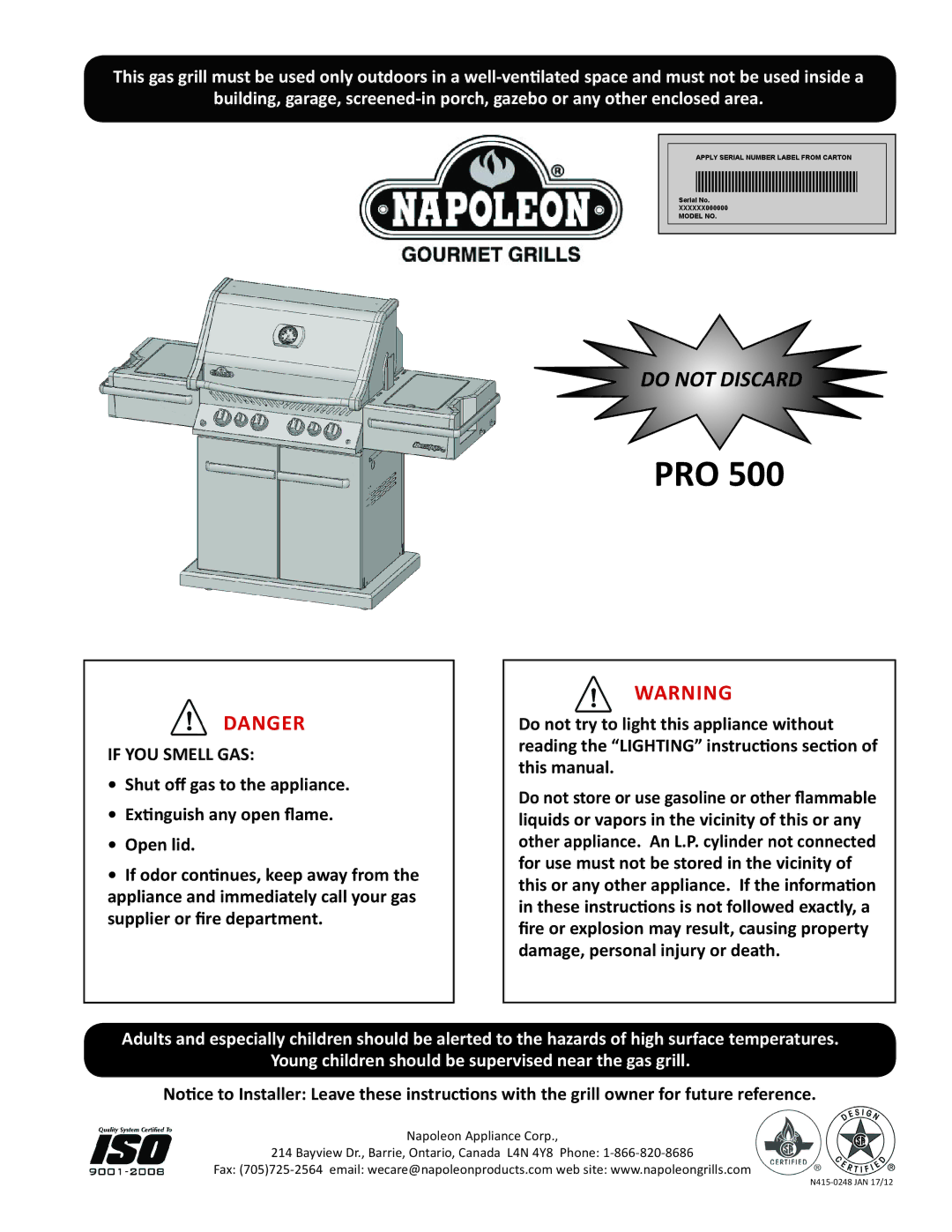 Napoleon Grills PRO 500 manual Pro, If YOU Smell GAS 