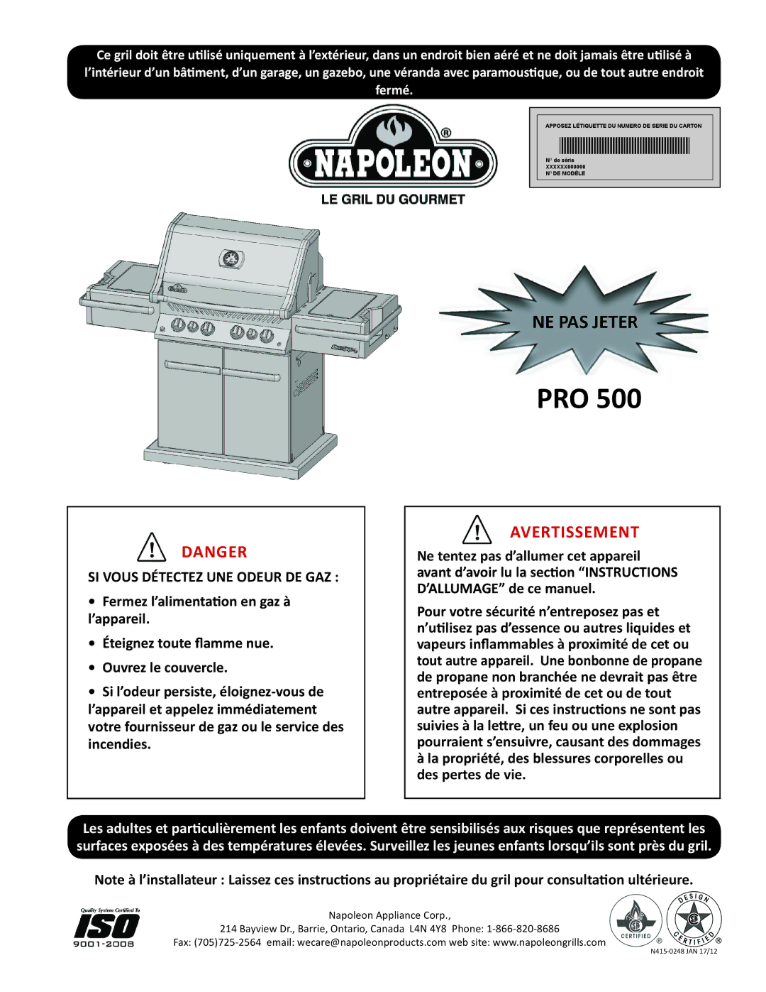 Napoleon Grills PRO 500 manual Avertissement 