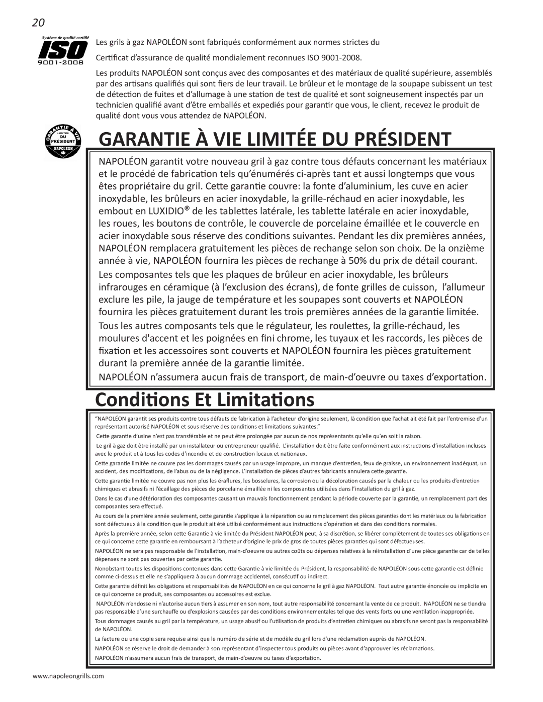 Napoleon Grills PRO 500 manual Garantie À VIE Limitée DU Président, Conditions Et Limitations 