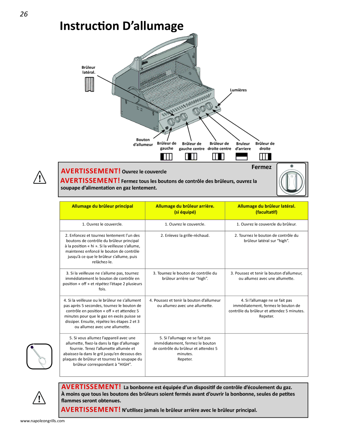 Napoleon Grills PRO 500 manual Instruction D’allumage, Fermez 