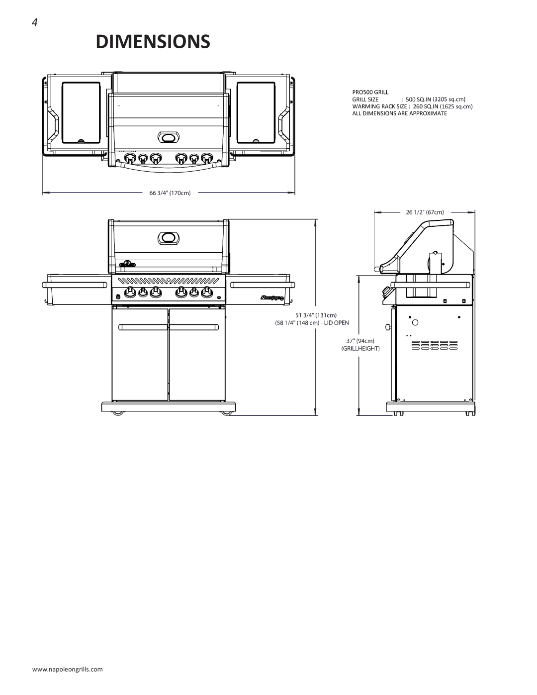 Napoleon Grills PRO 500 manual Dimensions 