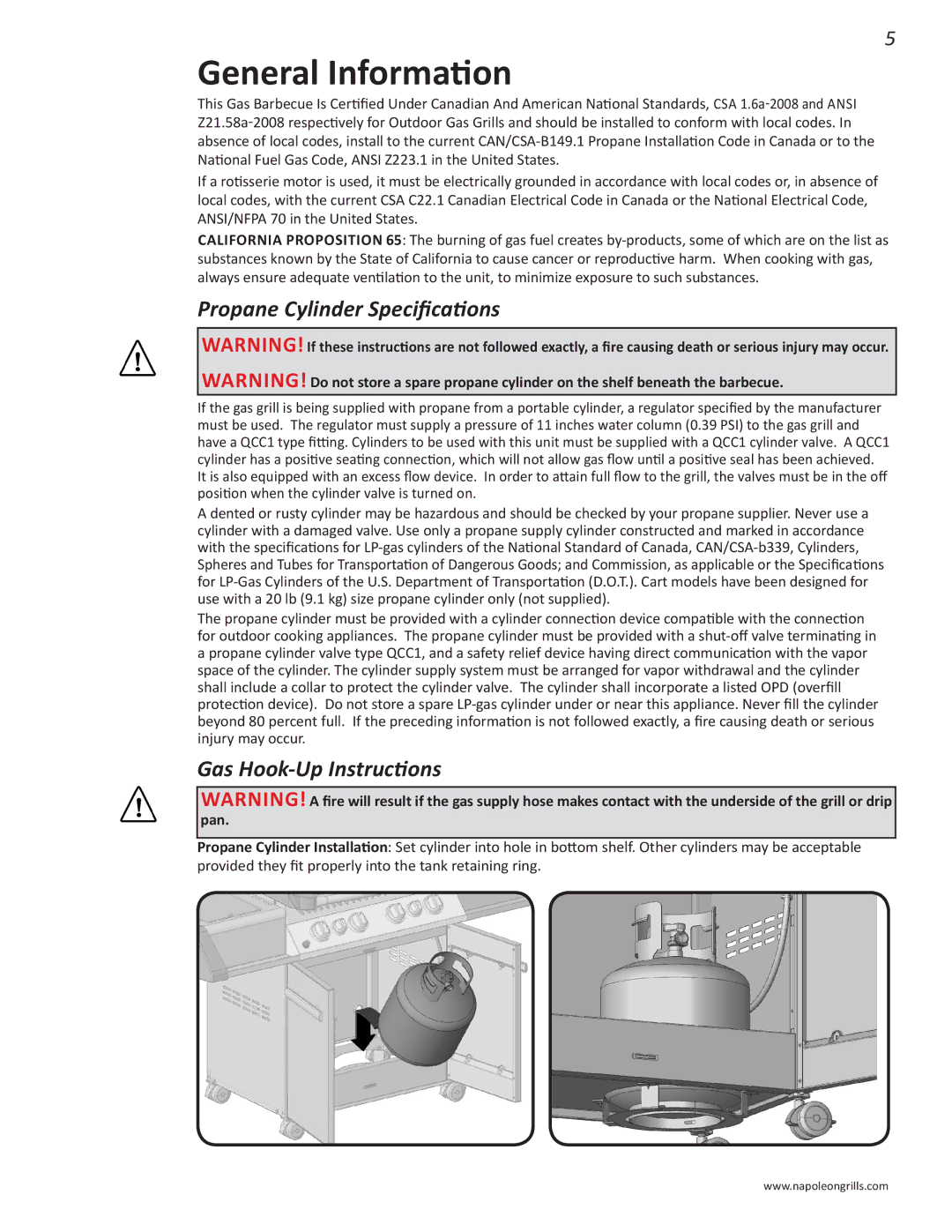 Napoleon Grills PRO 500 manual General Information, Propane Cylinder Specifications, Gas Hook-Up Instructions 