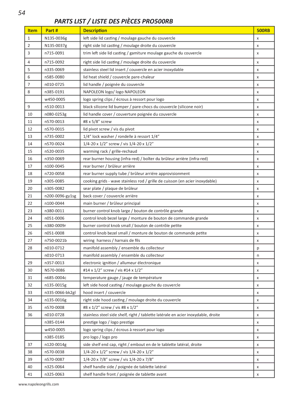 Napoleon Grills PRO 500 manual Parts List / Liste DES Pièces PRO500RB 