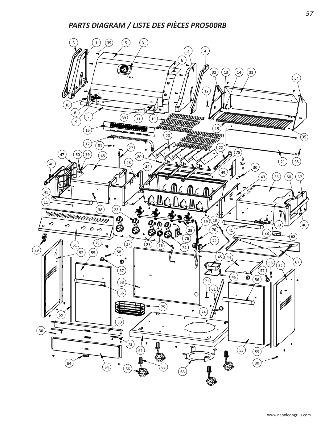 Napoleon Grills PRO 500 manual Parts Diagram / Liste DES Pièces PRO500RB 