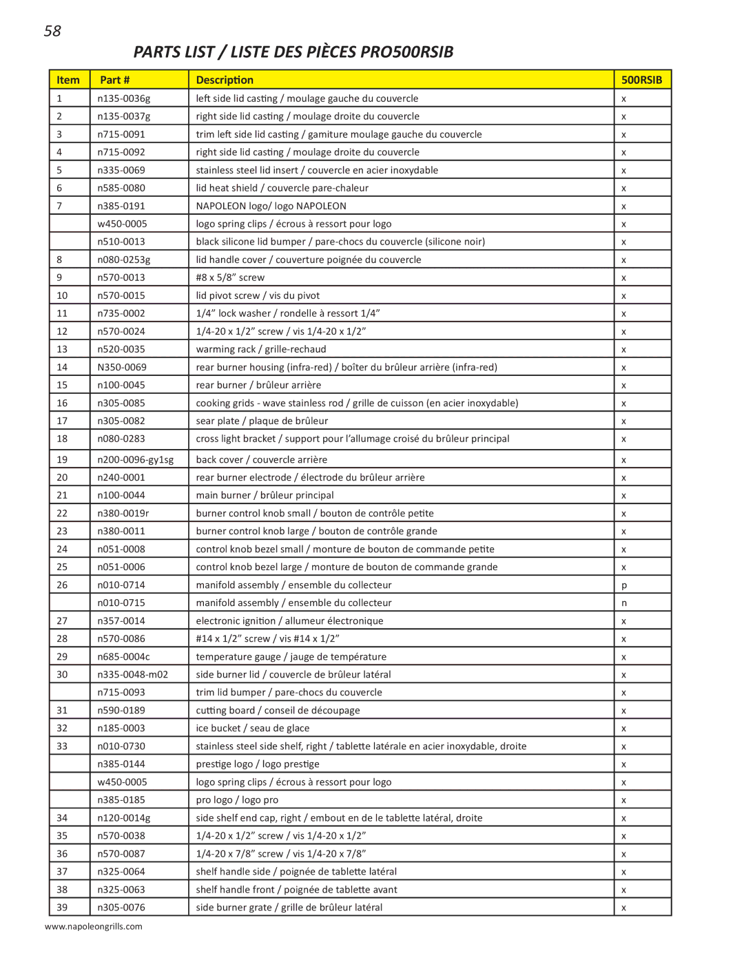 Napoleon Grills PRO 500 manual Parts List / Liste DES Pièces PRO500RSIB 