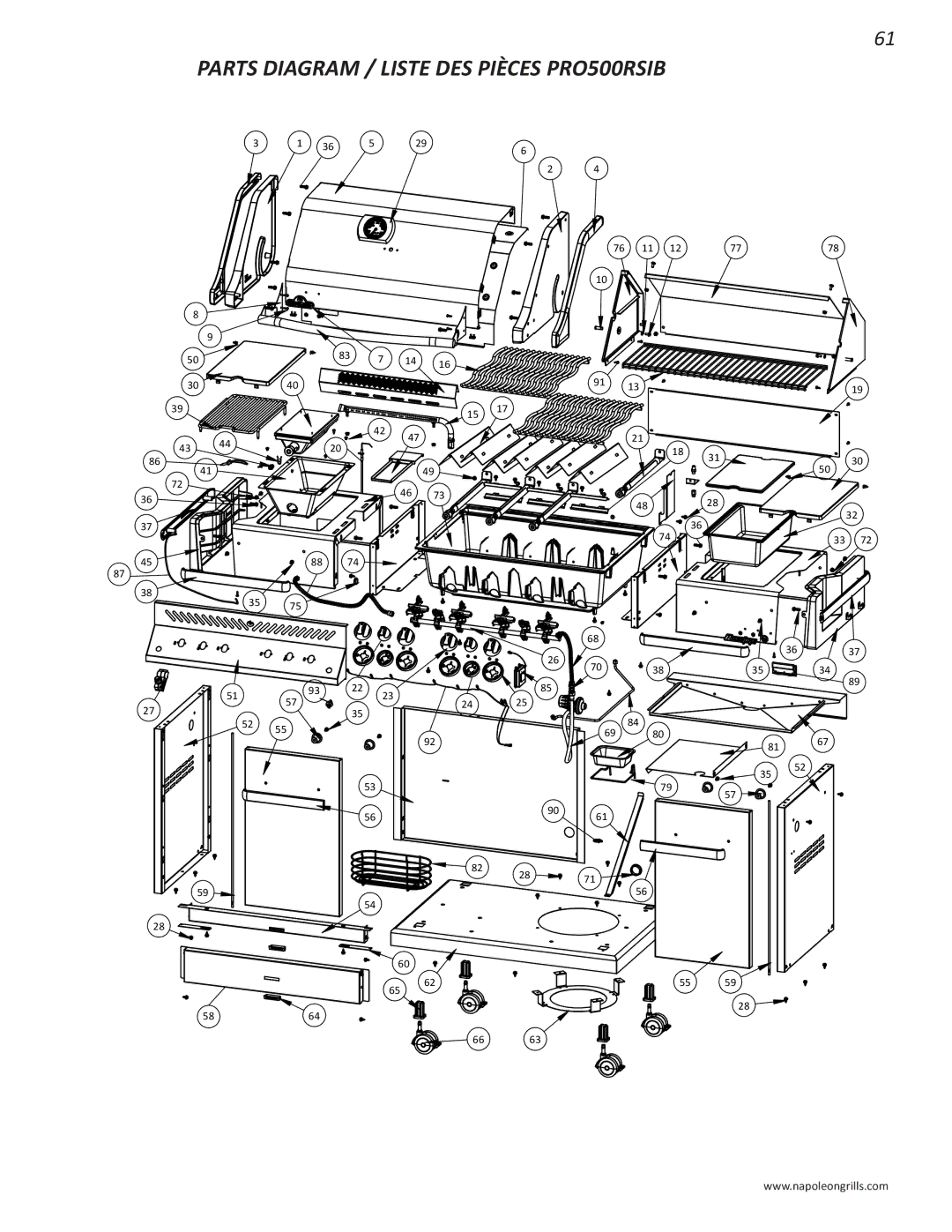 Napoleon Grills PRO 500 manual Parts Diagram / Liste DES Pièces PRO500RSIB 