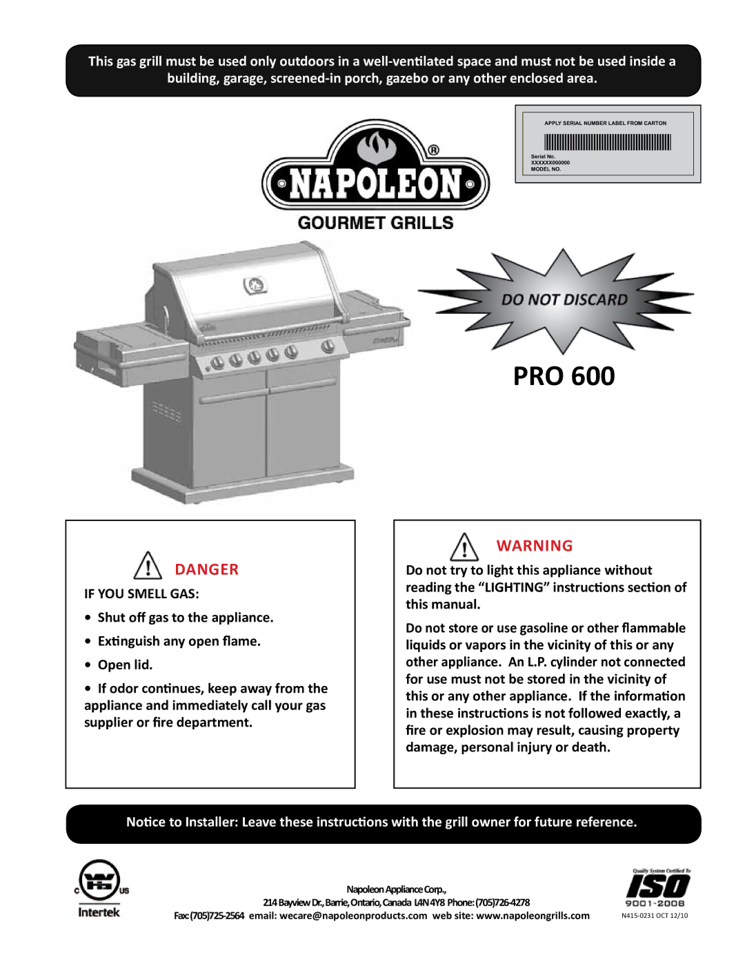 Napoleon Grills PRO 600 manual Pro, If YOU Smell GAS 