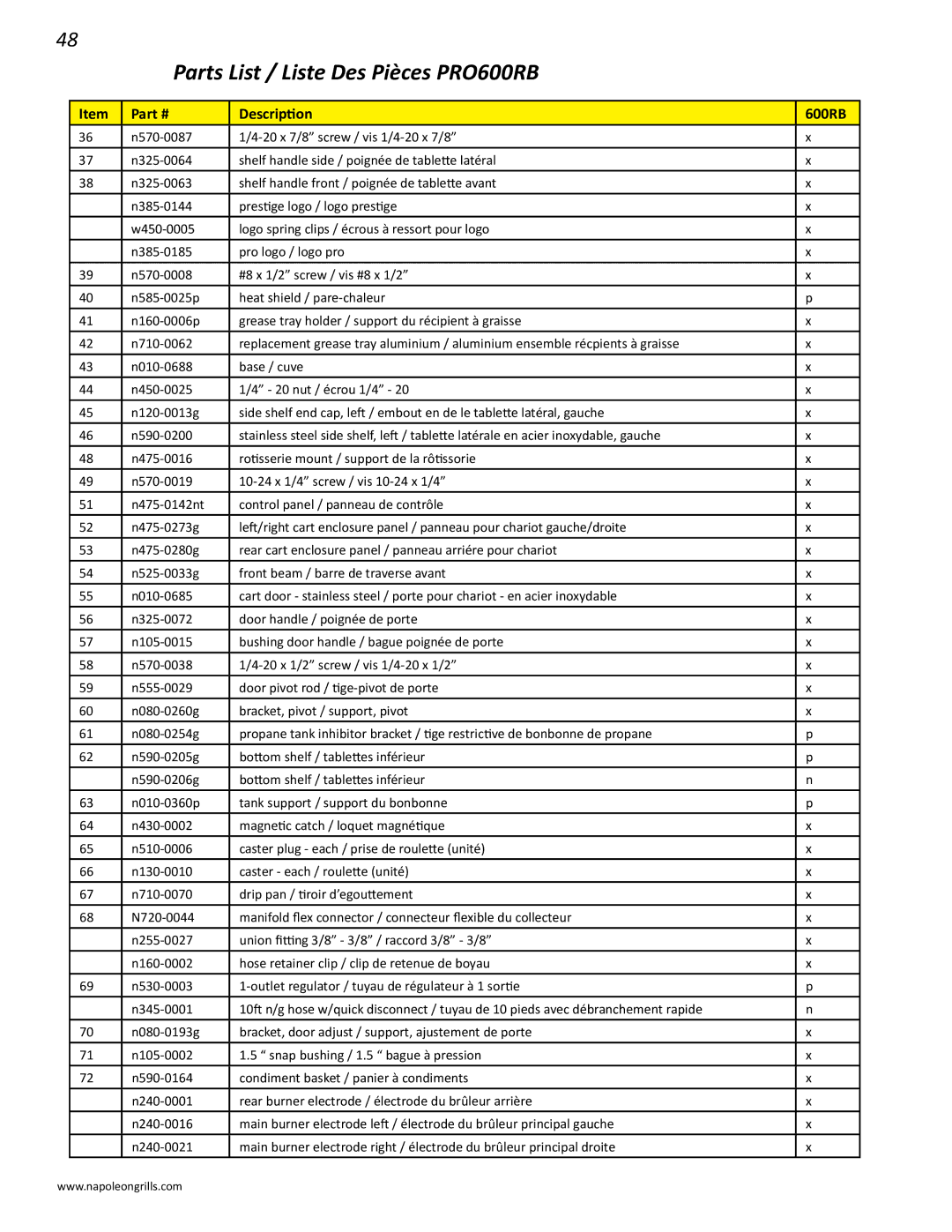 Napoleon Grills PRO 600 manual Parts List / Liste Des Pièces PRO600RB 