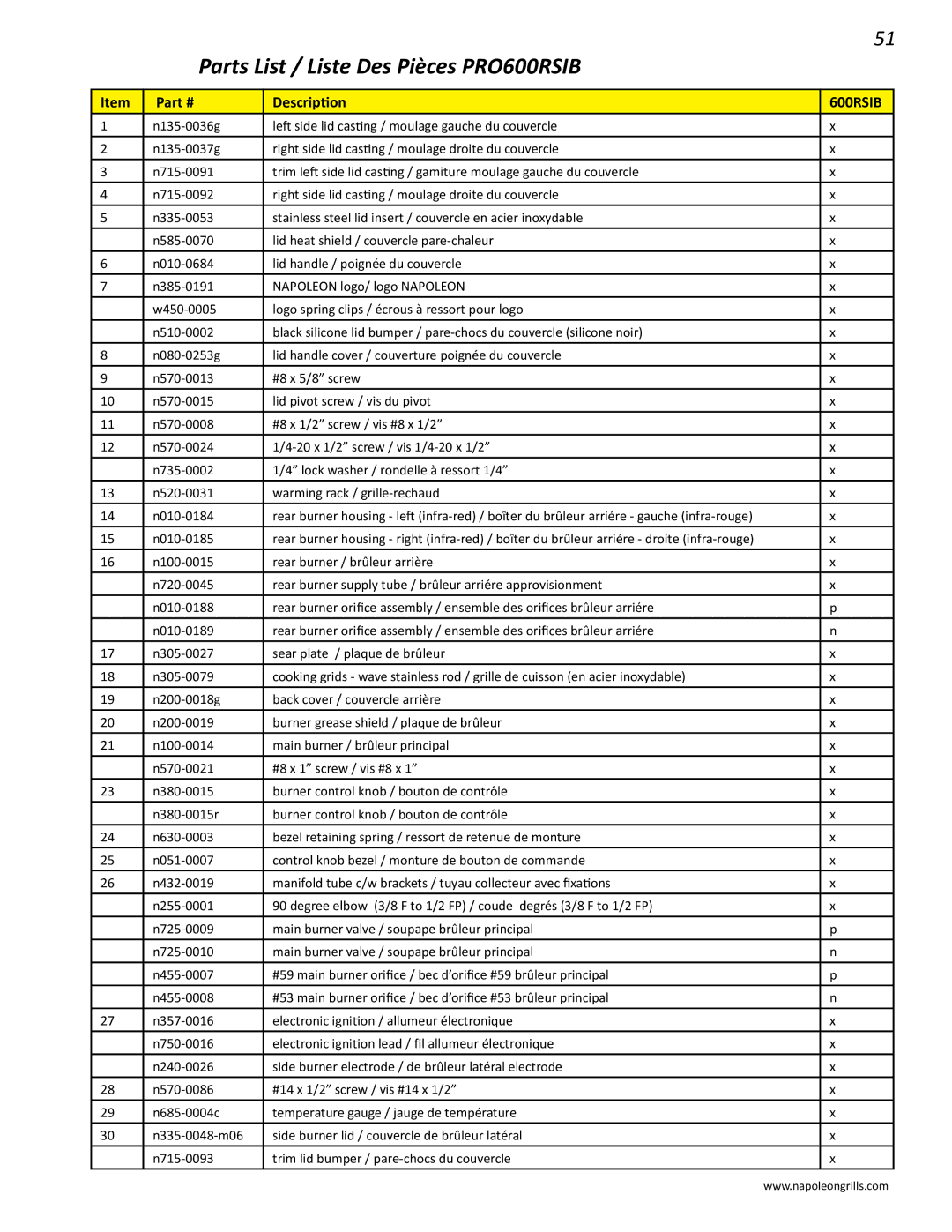 Napoleon Grills PRO 600 manual Parts List / Liste Des Pièces PRO600RSIB 