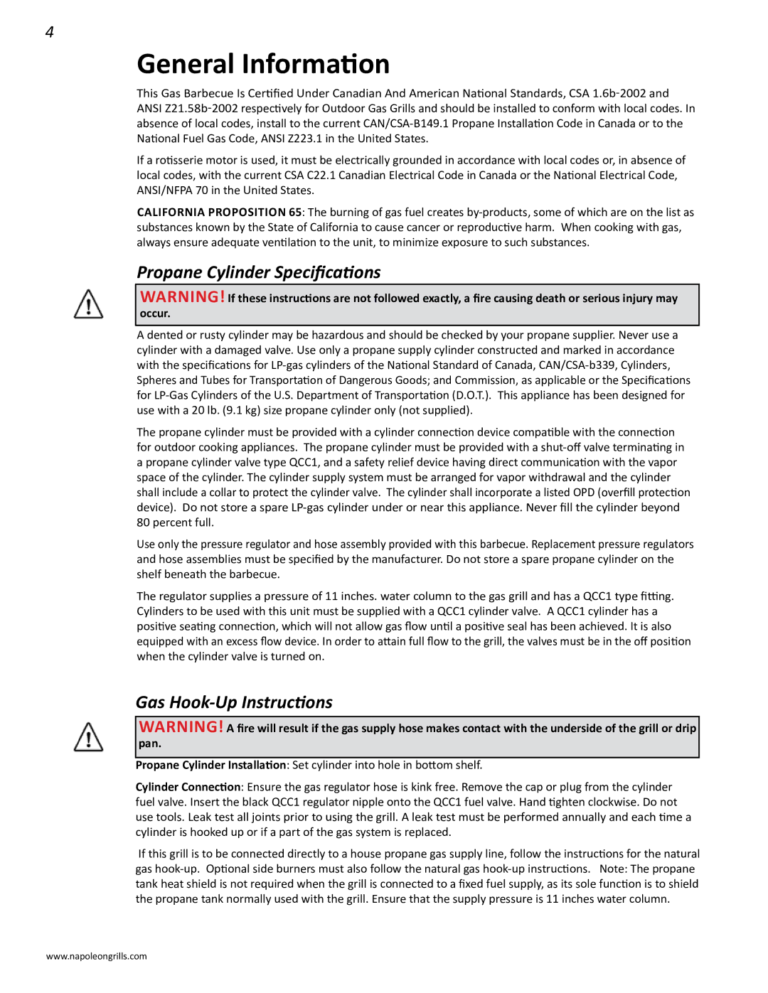 Napoleon Grills PRO 600 manual General Information, Propane Cylinder Specifications, Gas Hook-Up Instructions 