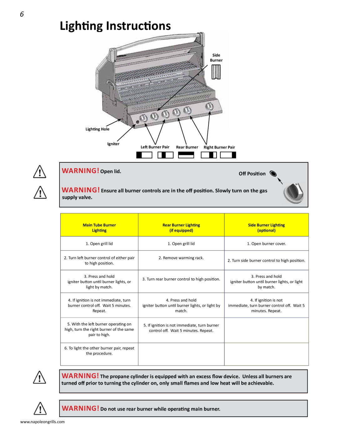 Napoleon Grills PRO 600 manual Lighting Instructions, Off Position 