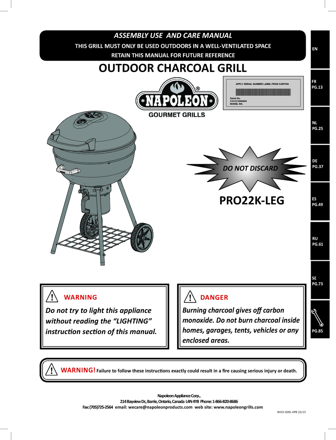 Napoleon Grills PRO22K-LEG manual Outdoor Charcoal Grill 