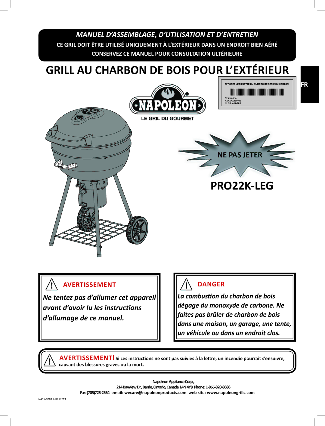 Napoleon Grills PRO22K-LEG manual Grill AU Charbon DE Bois Pour L’EXTÉRIEUR 