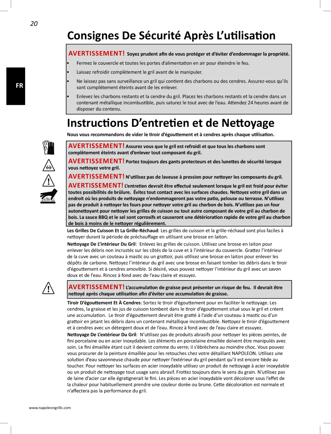 Napoleon Grills PRO22K-LEG manual Consignes De Sécurité Après L’utilisation, Instructions D’entretien et de Nettoyage 