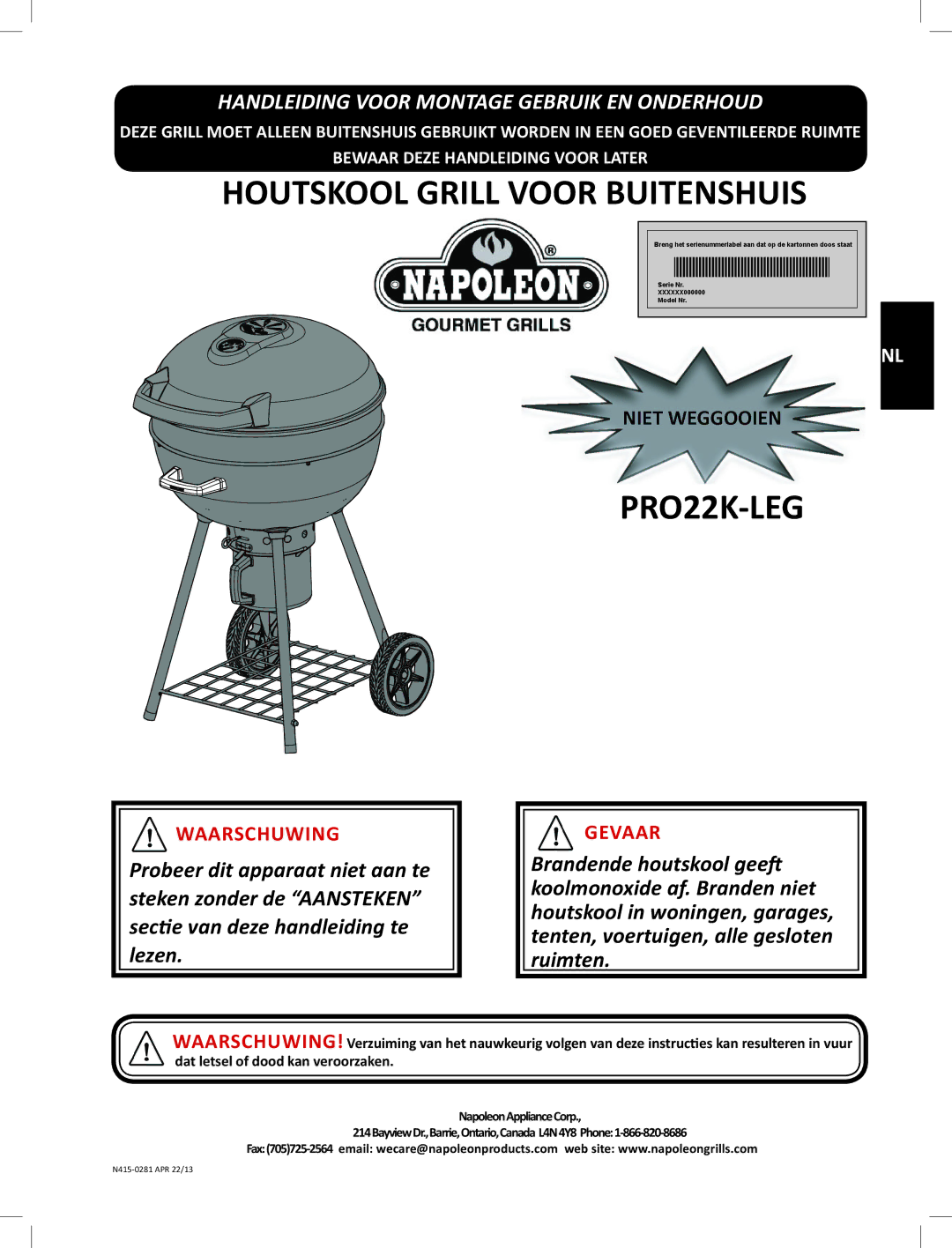 Napoleon Grills PRO22K-LEG manual Houtskool Grill Voor Buitenshuis 