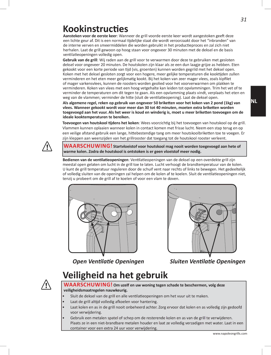 Napoleon Grills PRO22K-LEG manual Kookinstructies, Veiligheid na het gebruik, Open Ventilatie Openingen 