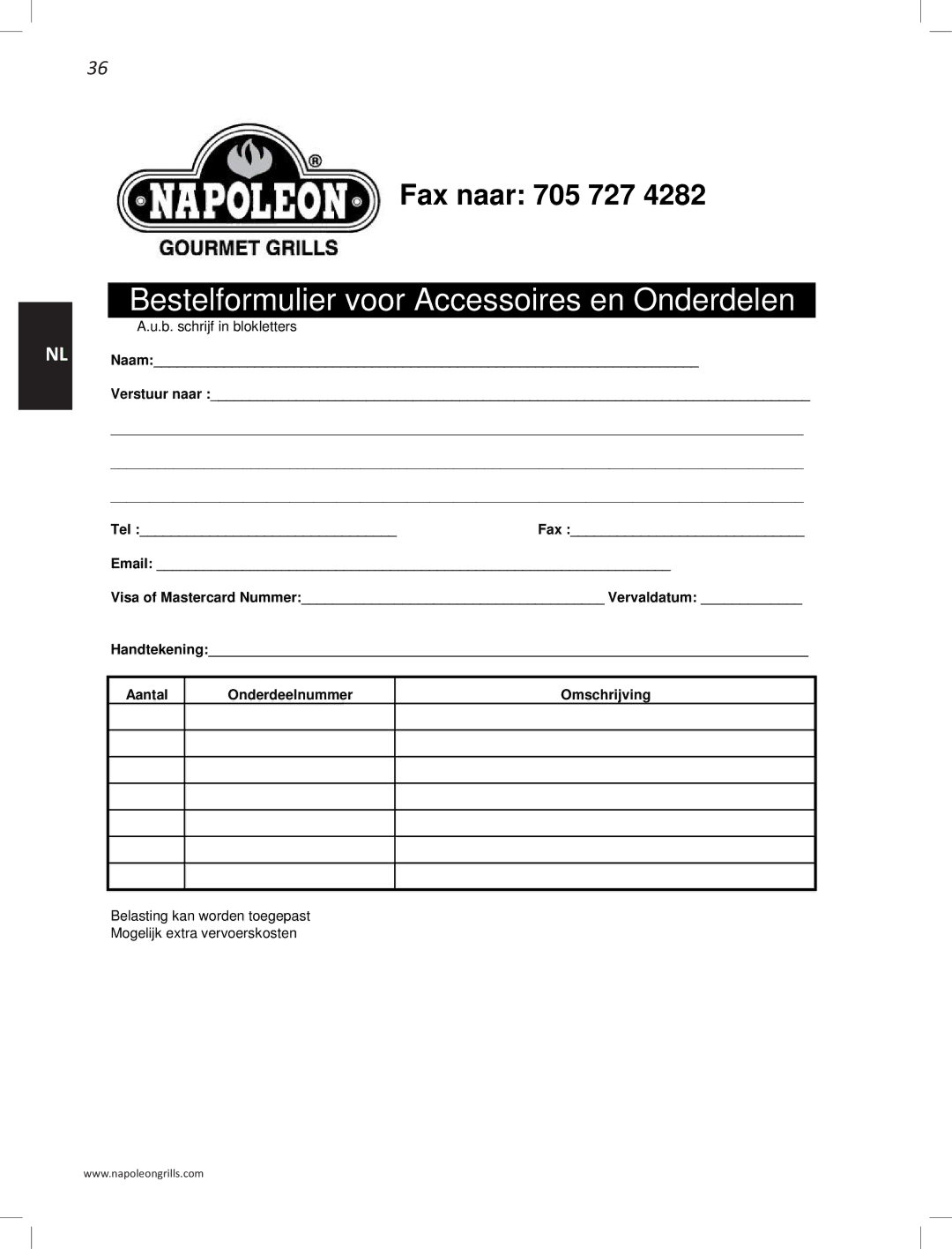 Napoleon Grills PRO22K-LEG manual Bestelformulier voor Accessoires en Onderdelen 