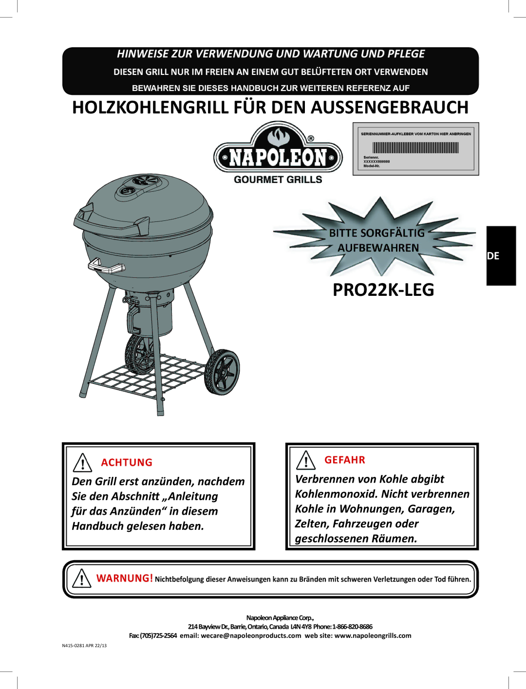 Napoleon Grills PRO22K-LEG manual Holzkohlengrill FÜR DEN Aussengebrauch 