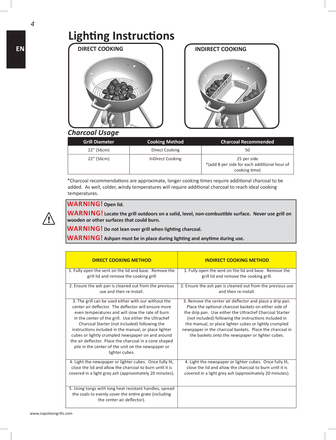 Napoleon Grills PRO22K-LEG manual Lighting Instructions, Charcoal Usage, Direct Cooking Method Indirect Cooking Method 