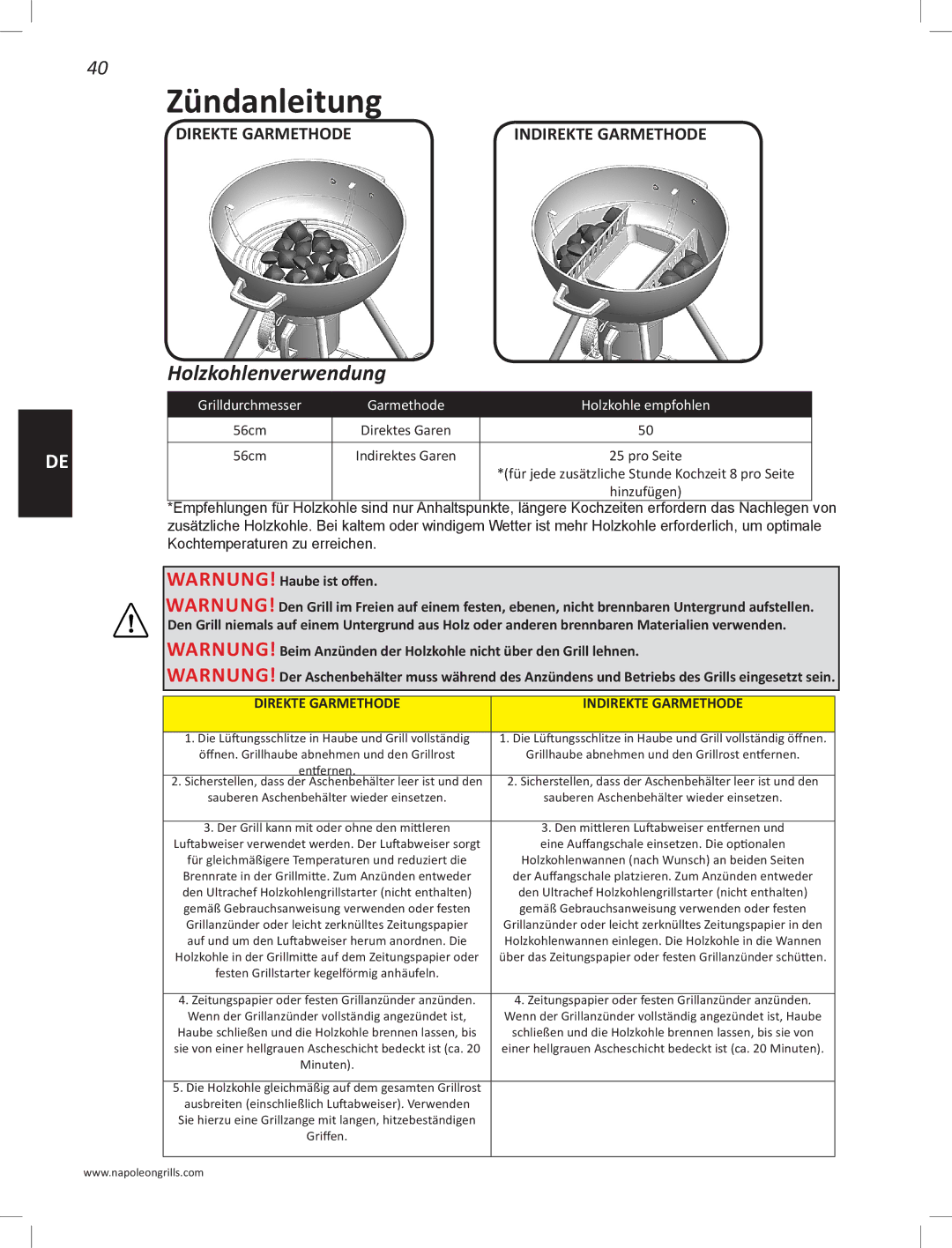 Napoleon Grills PRO22K-LEG manual Zündanleitung, Holzkohlenverwendung, Direkte Garmethode Indirekte Garmethode 
