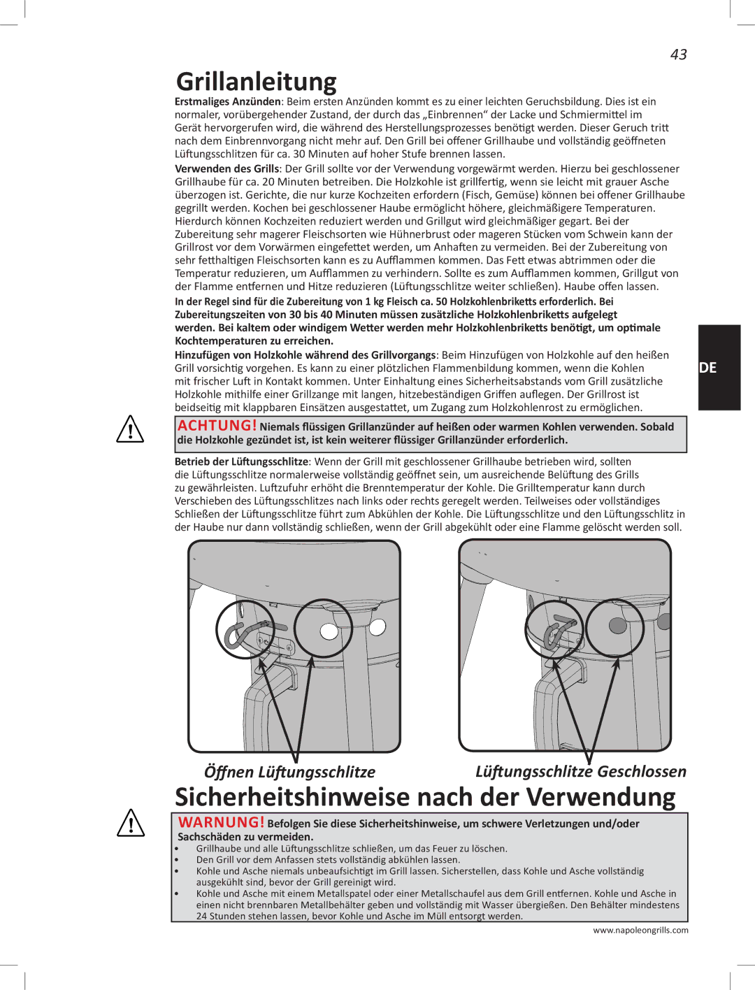 Napoleon Grills PRO22K-LEG manual Grillanleitung, Sicherheitshinweise nach der Verwendung, Öffnen Lüftungsschlitze 