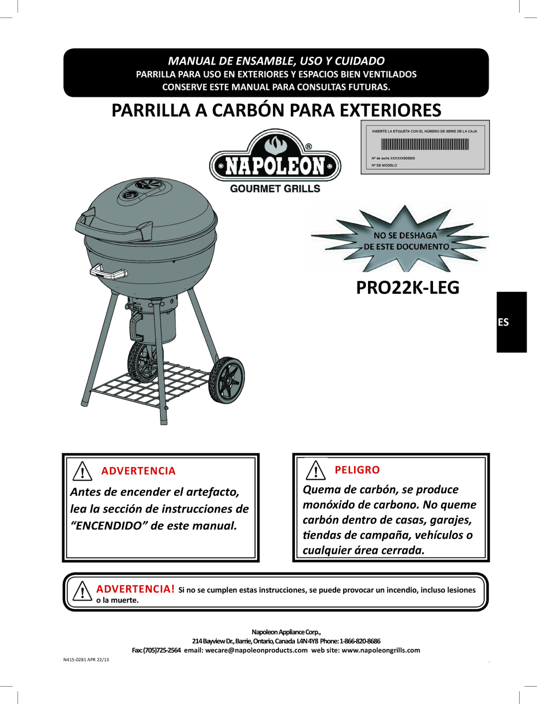 Napoleon Grills PRO22K-LEG manual Parrilla a Carbón Para Exteriores 