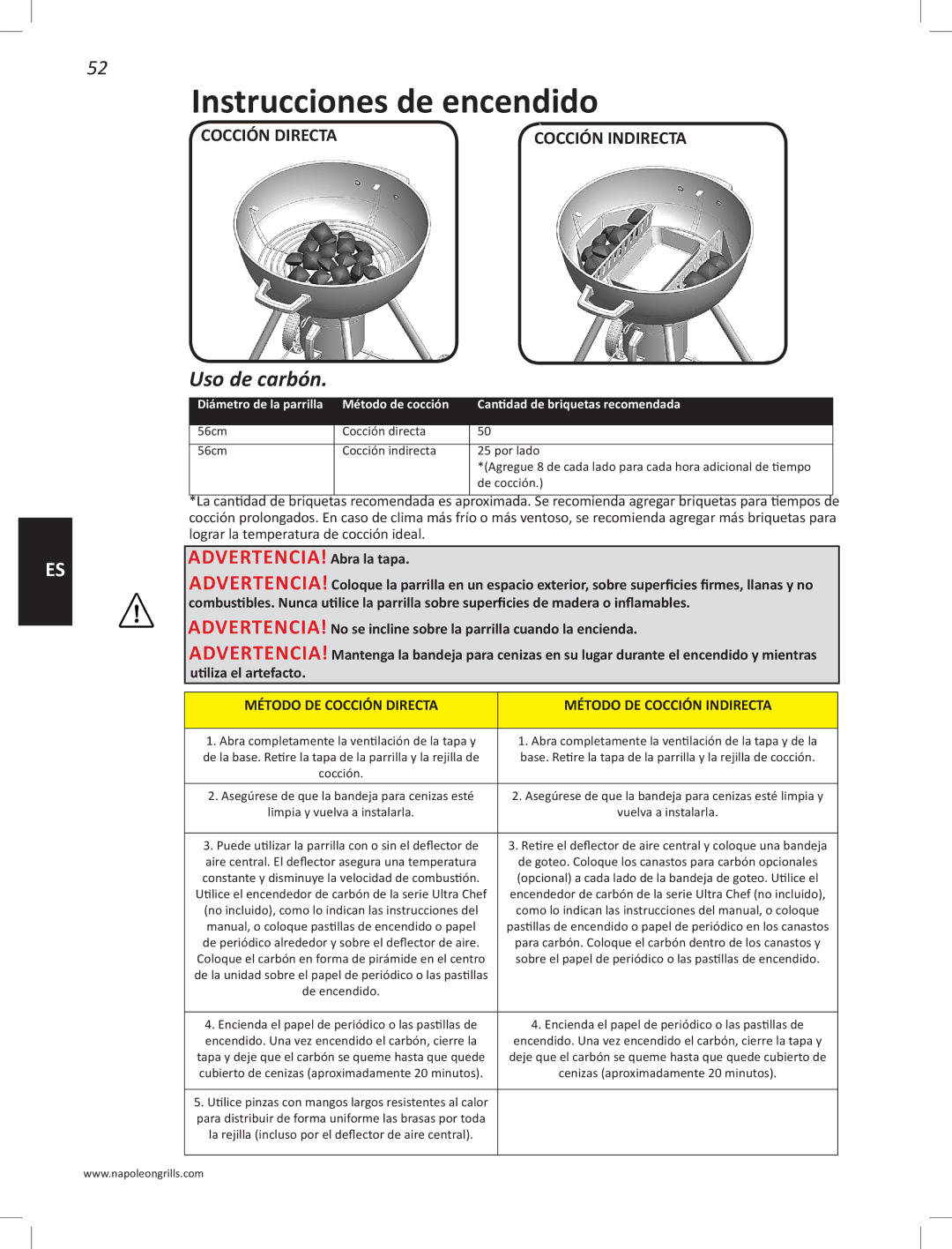 Napoleon Grills PRO22K-LEG manual Instrucciones de encendido, Uso de carbón 