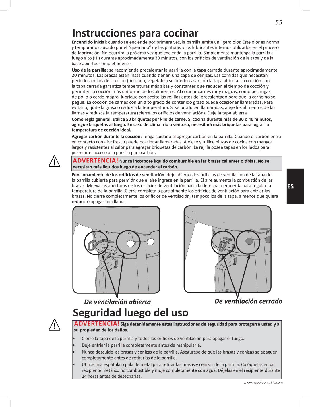 Napoleon Grills PRO22K-LEG manual Instrucciones para cocinar, Seguridad luego del uso, De ventilación abierta 