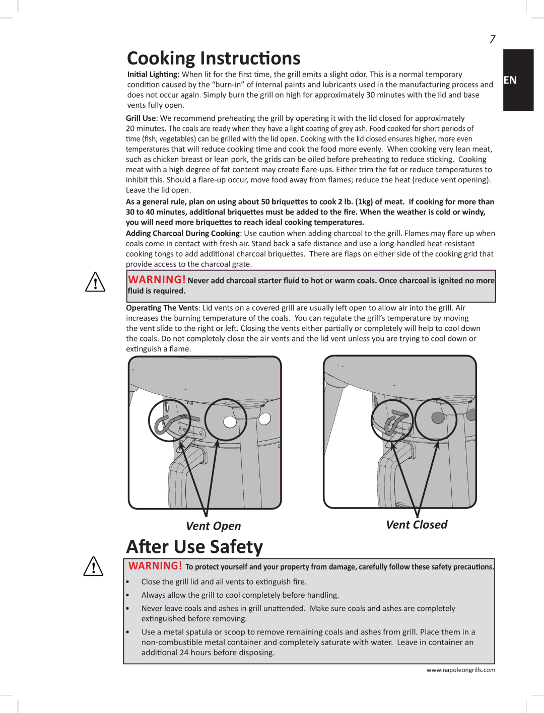 Napoleon Grills PRO22K-LEG manual Cooking Instructions, After Use Safety, Vent Open 