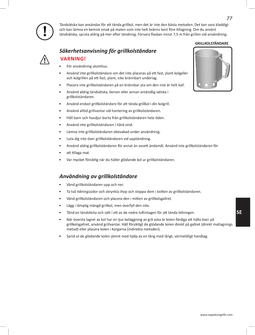 Napoleon Grills PRO22K-LEG manual Säkerhetsanvisning för grillkolständare, Användning av grillkolständare, Grillkolständare 