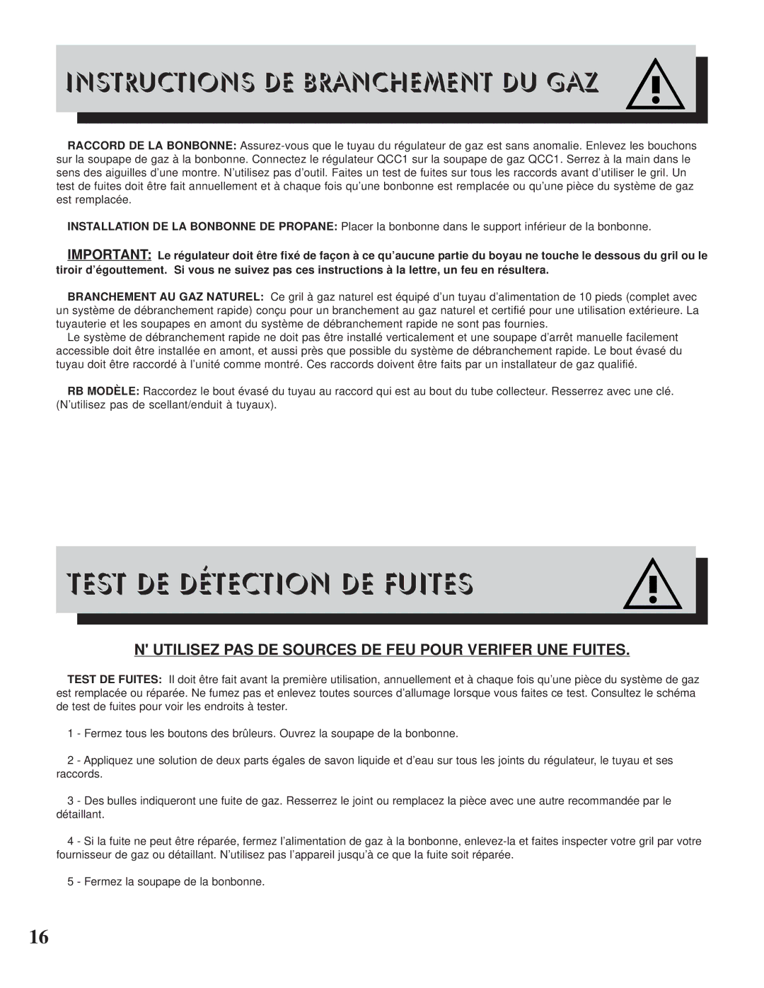 Napoleon Grills PT450RB manual Test DE Détection DE Fuites, Utilisez PAS DE Sources DE FEU Pour Verifer UNE Fuites 