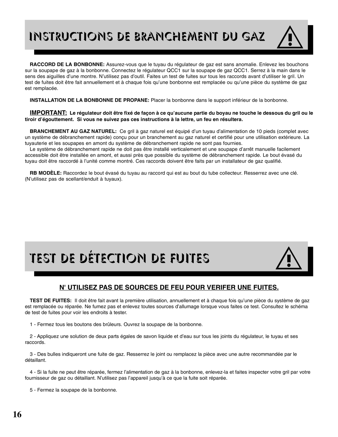 Napoleon Grills PT600RB-INFRARE manual Test DE Détection DE Fuites, Utilisez PAS DE Sources DE FEU Pour Verifer UNE Fuites 