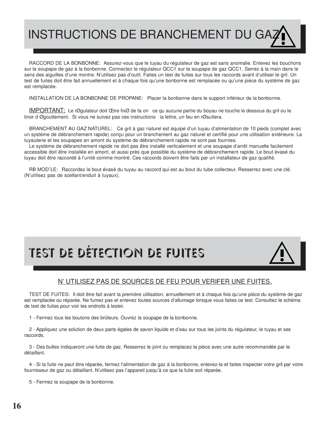 Napoleon Grills PT750RSB manual Test DE Détection DE Fuites, Utilisez PAS DE Sources DE FEU Pour Verifer UNE Fuites 