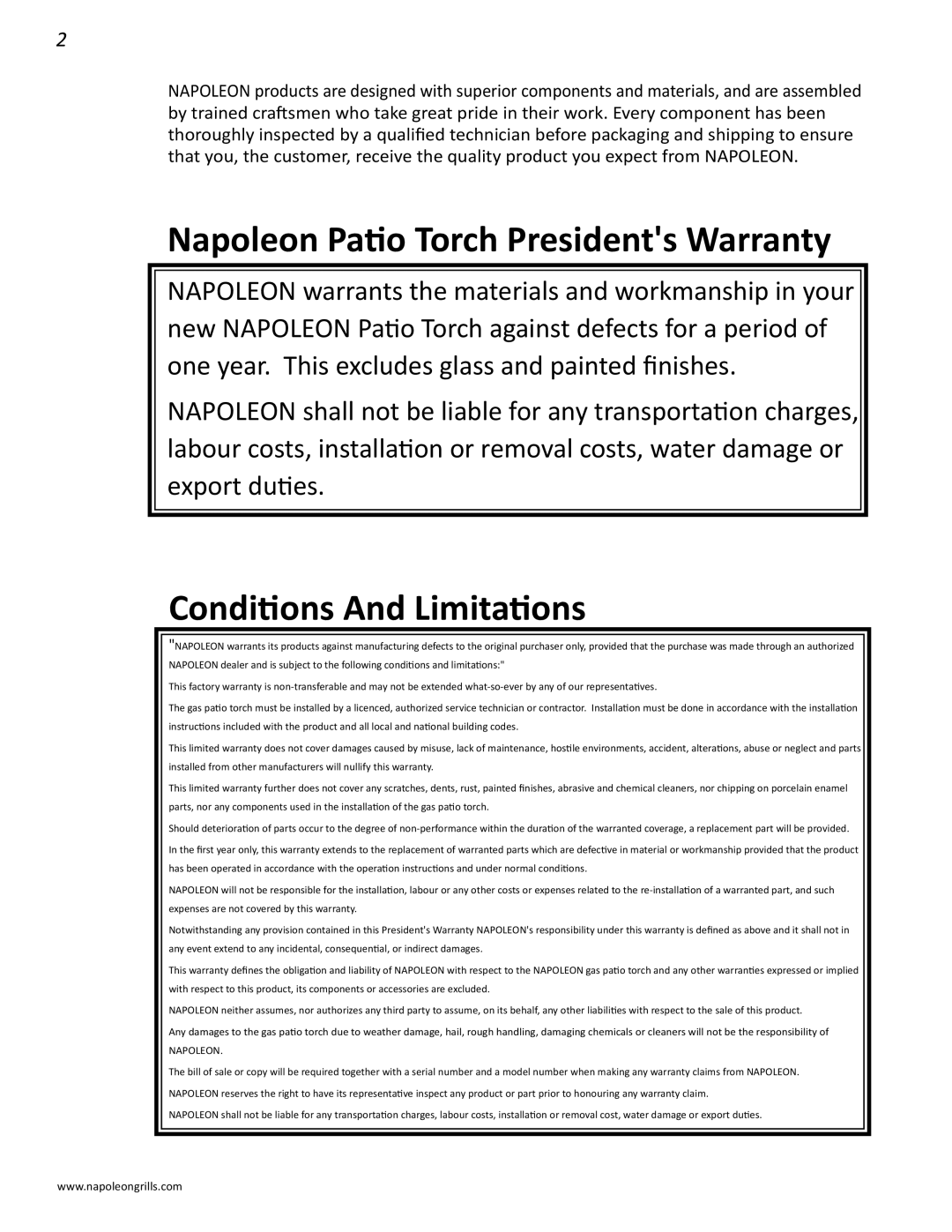 Napoleon Grills PTH31GT manual Napoleon Patio Torch Presidents Warranty, Conditions And Limitations 