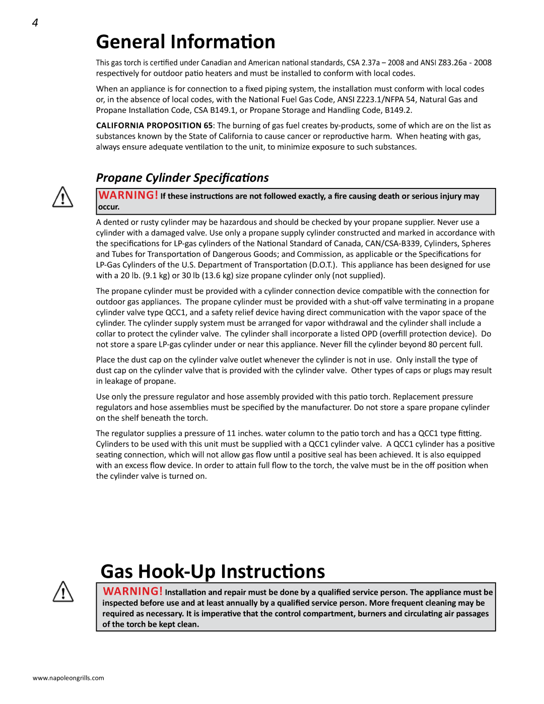 Napoleon Grills PTH31GT manual General Information, Gas Hook-Up Instructions, Propane Cylinder Specifications 