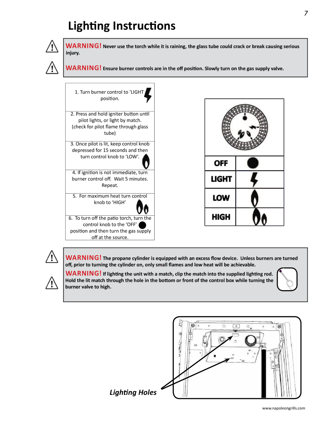 Napoleon Grills PTH31GT manual Lighting Instructions, Lighting Holes 