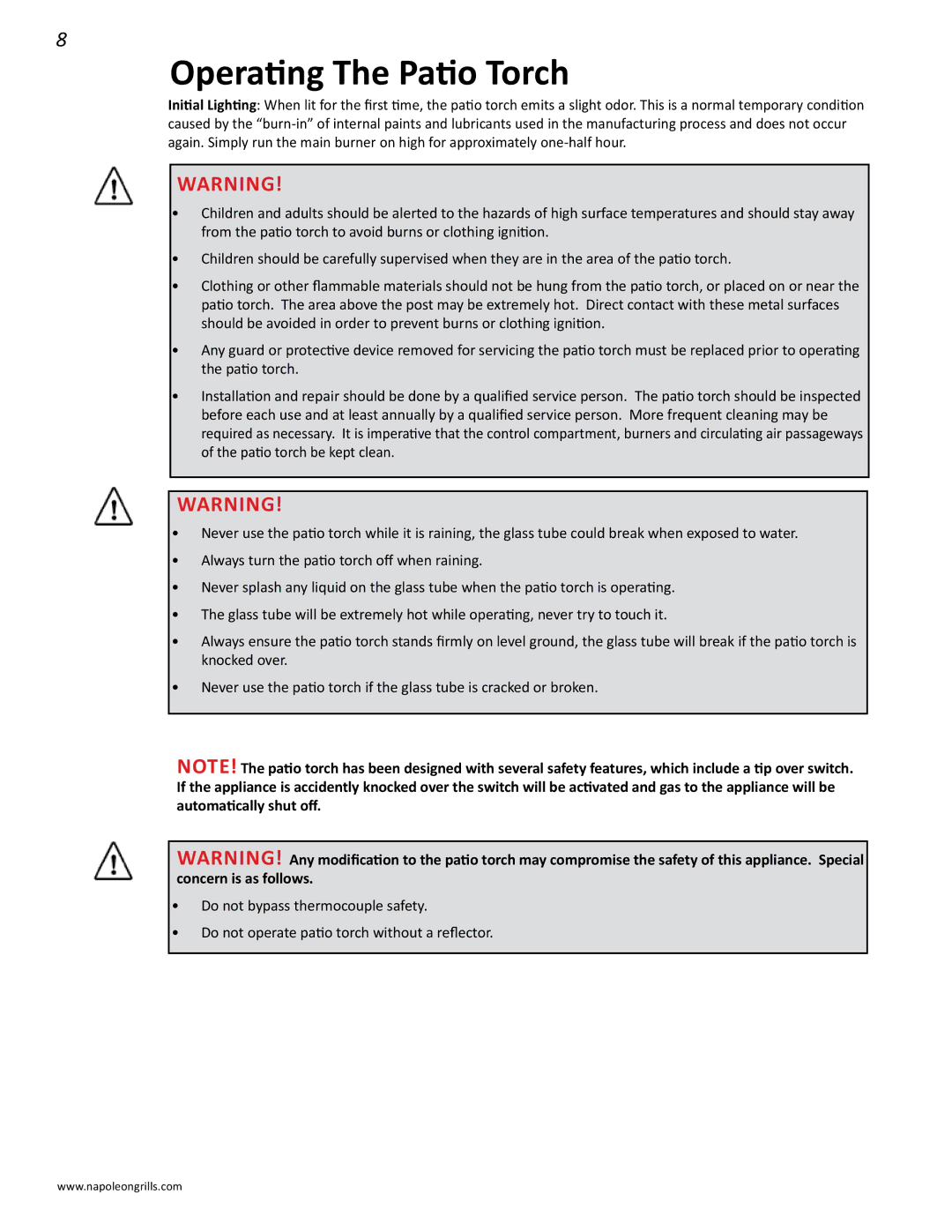 Napoleon Grills PTH31GT manual Operating The Patio Torch 