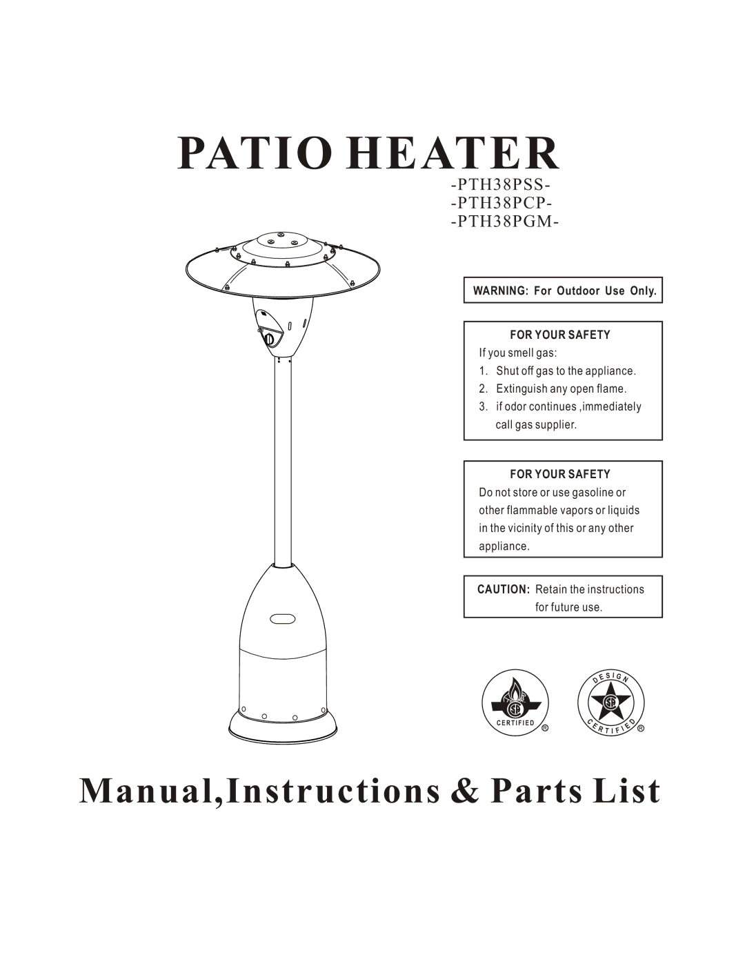 Napoleon Grills PTH38PSS, PTH38PCP, PTH38PGM manual Patio Heater 