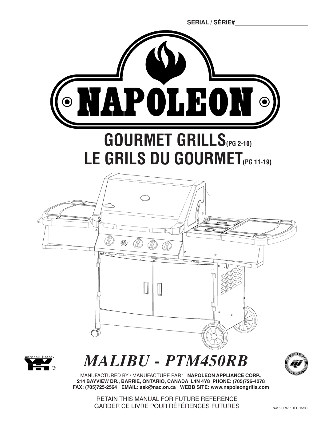 Napoleon Grills manual Malibu PTM450RB 