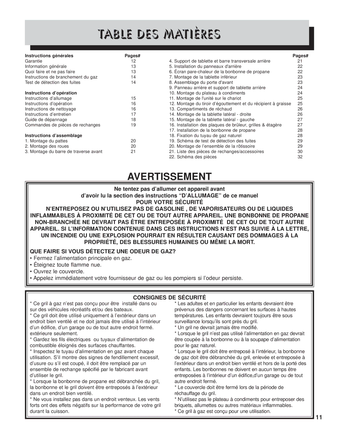 Napoleon Grills PTM450RB manual Table DES Matières, Instructions générales Pages# 