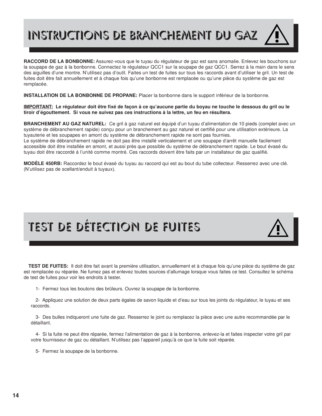 Napoleon Grills PTM450RB manual Instructions DE Branchement DU GAZ, Test DE Détection DE Fuites 