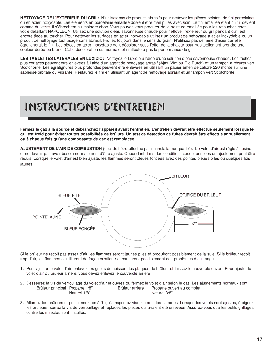 Napoleon Grills PTM450RB manual Instructions D’ENTRETIEN, Pointe Aune Bleue Foncée 