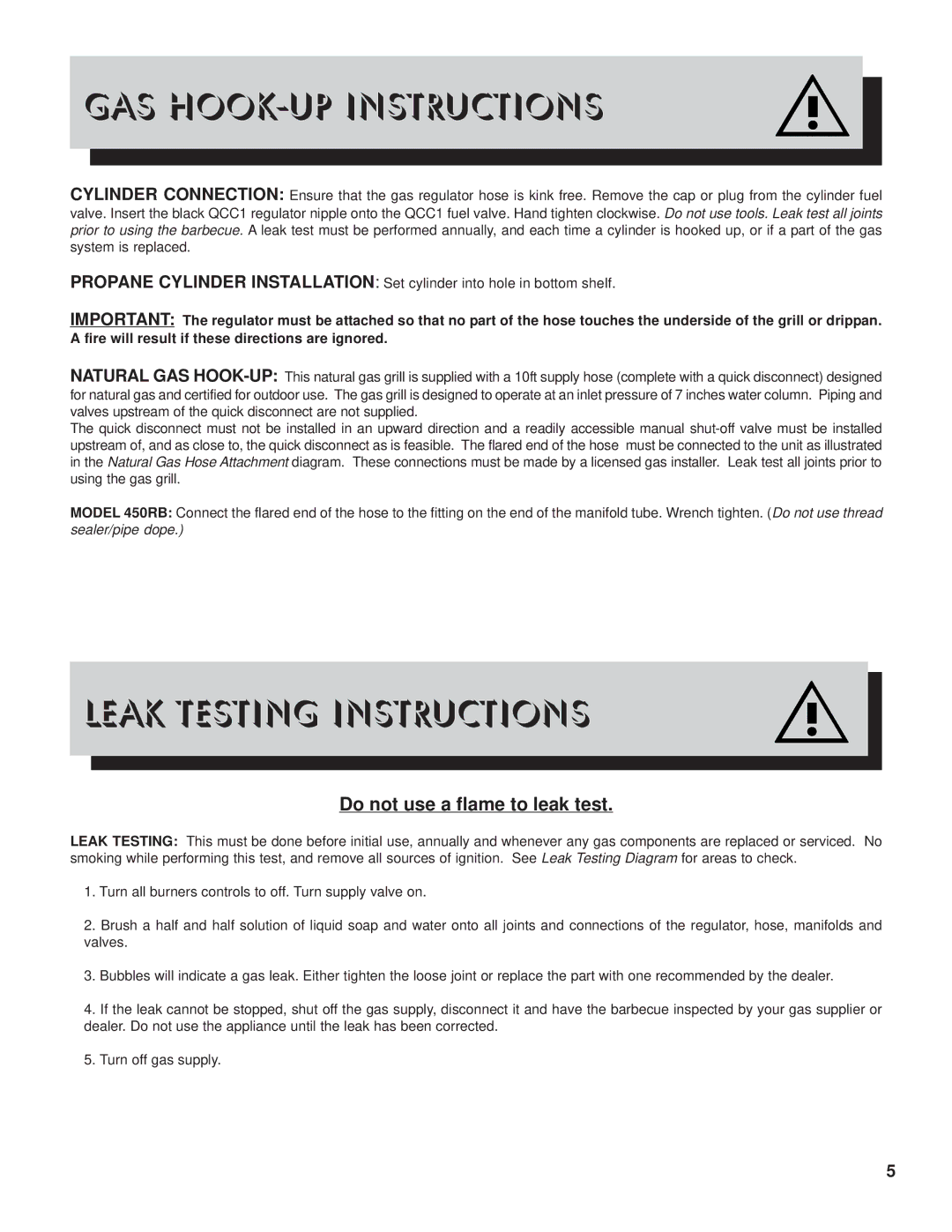 Napoleon Grills PTM450RB manual GAS HOOK-UP Instructions, Leak Testing Instructions 