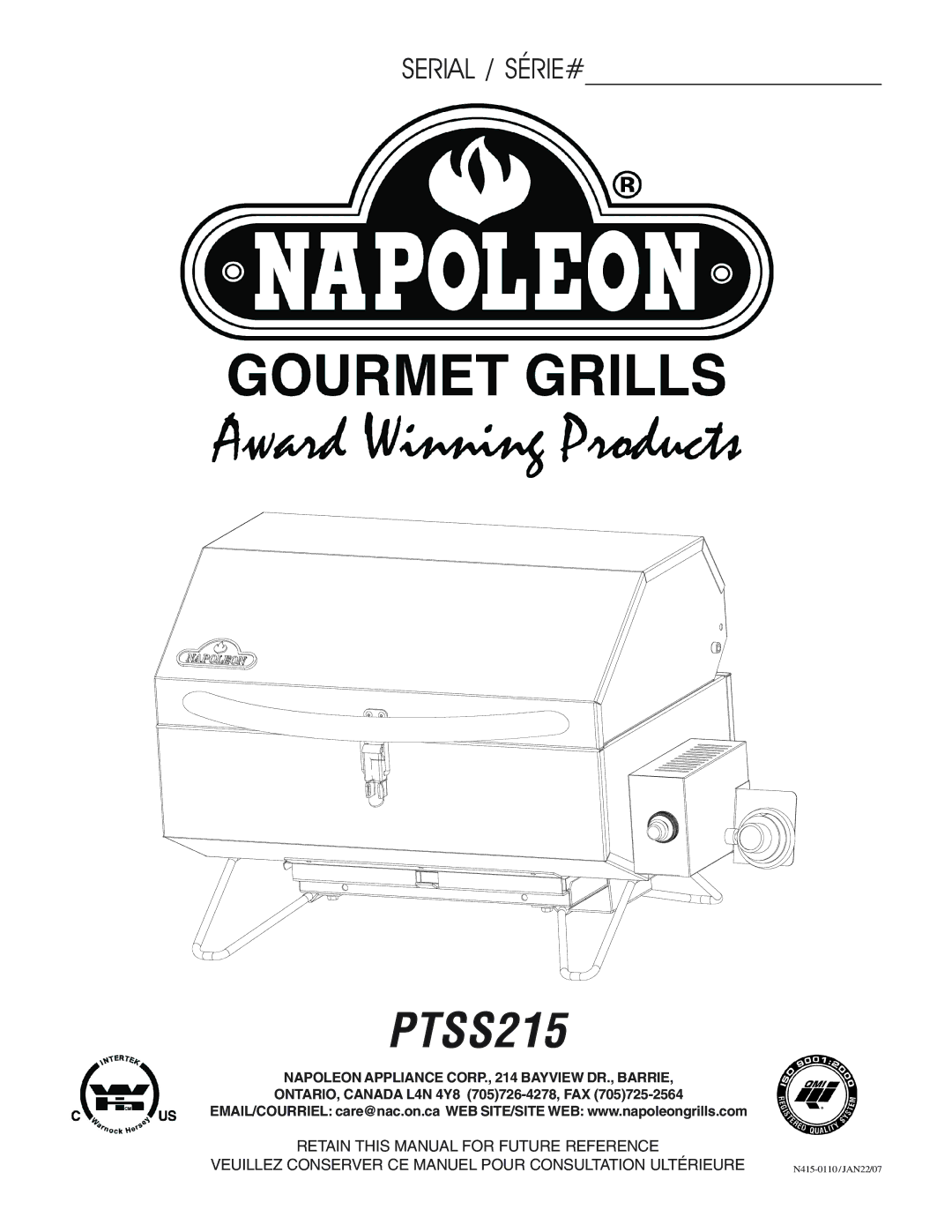 Napoleon Grills PTSS215 manual 