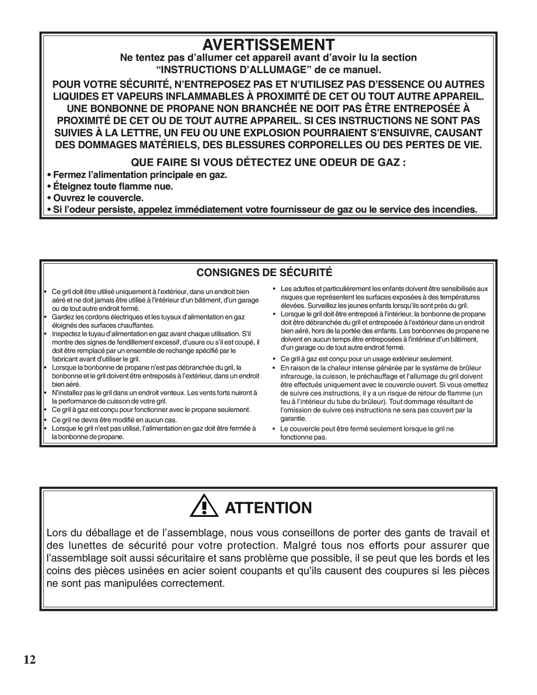 Napoleon Grills PTSS215 manual QUE Faire SI Vous Détectez UNE Odeur DE GAZ, Consignes DE Sécurité 