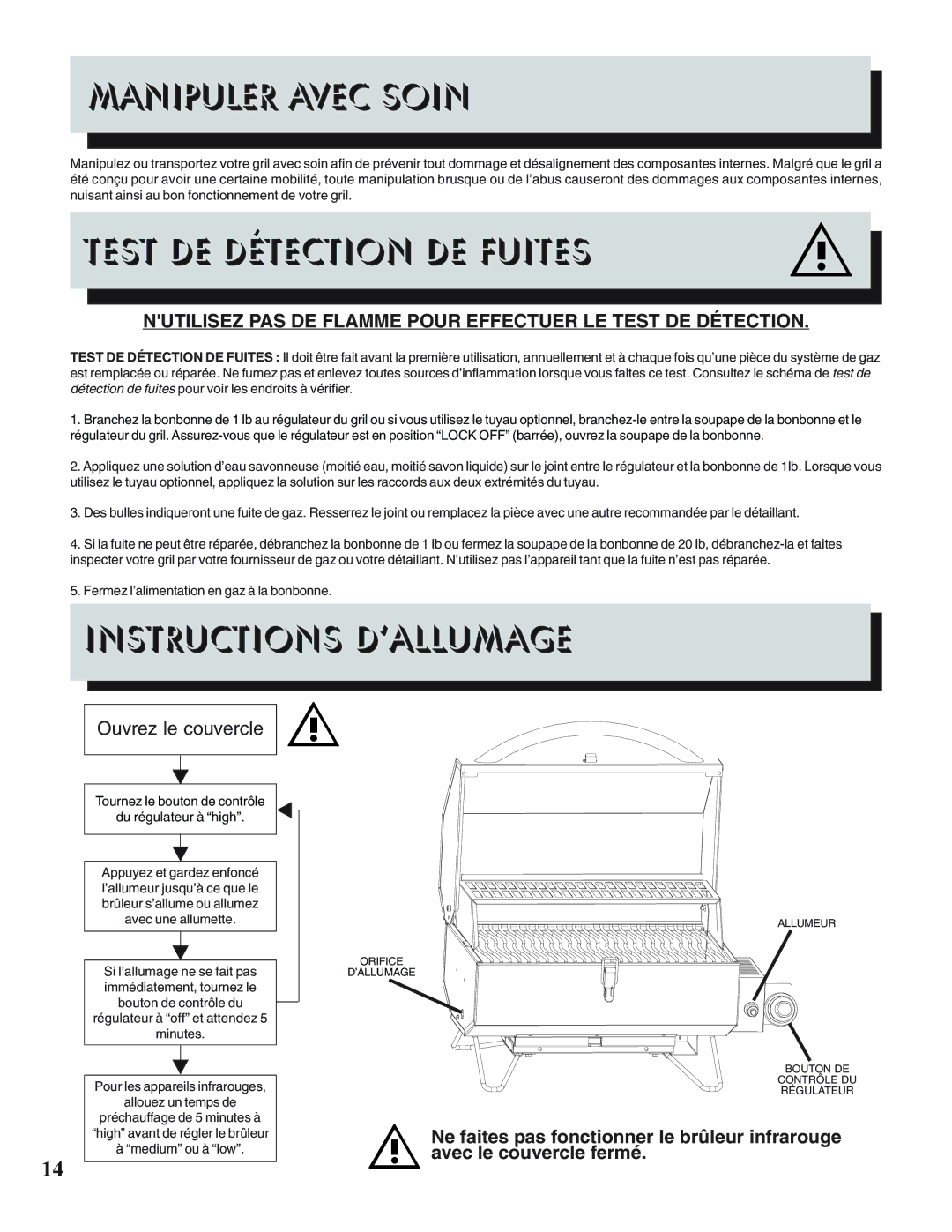 Napoleon Grills PTSS215 manual Manipuler Avec Soin, Test DE Détection DE Fuites, Instructions D’ALLUMAGE 