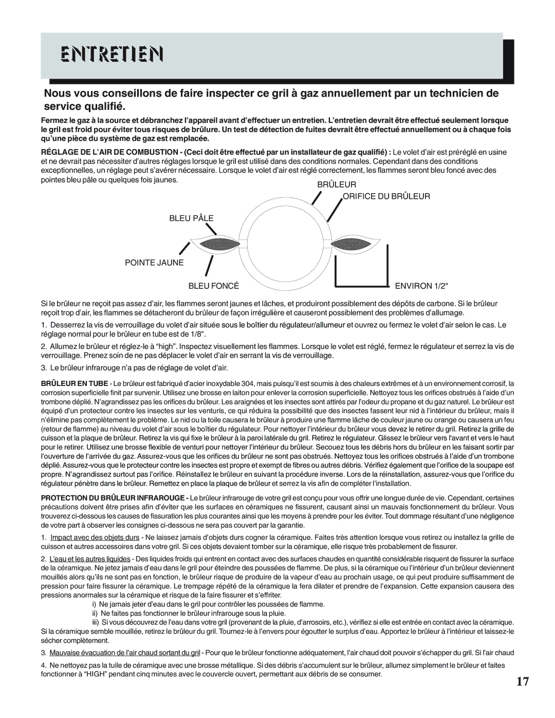 Napoleon Grills PTSS215 manual Entretien 