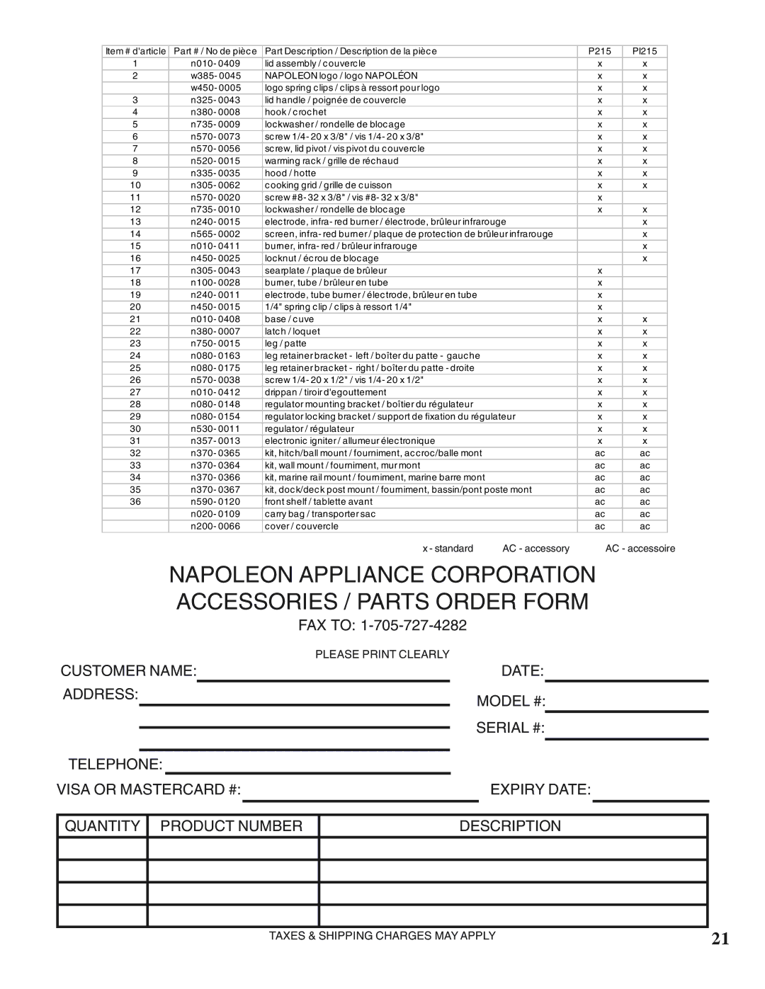 Napoleon Grills PTSS215 manual FAX to 